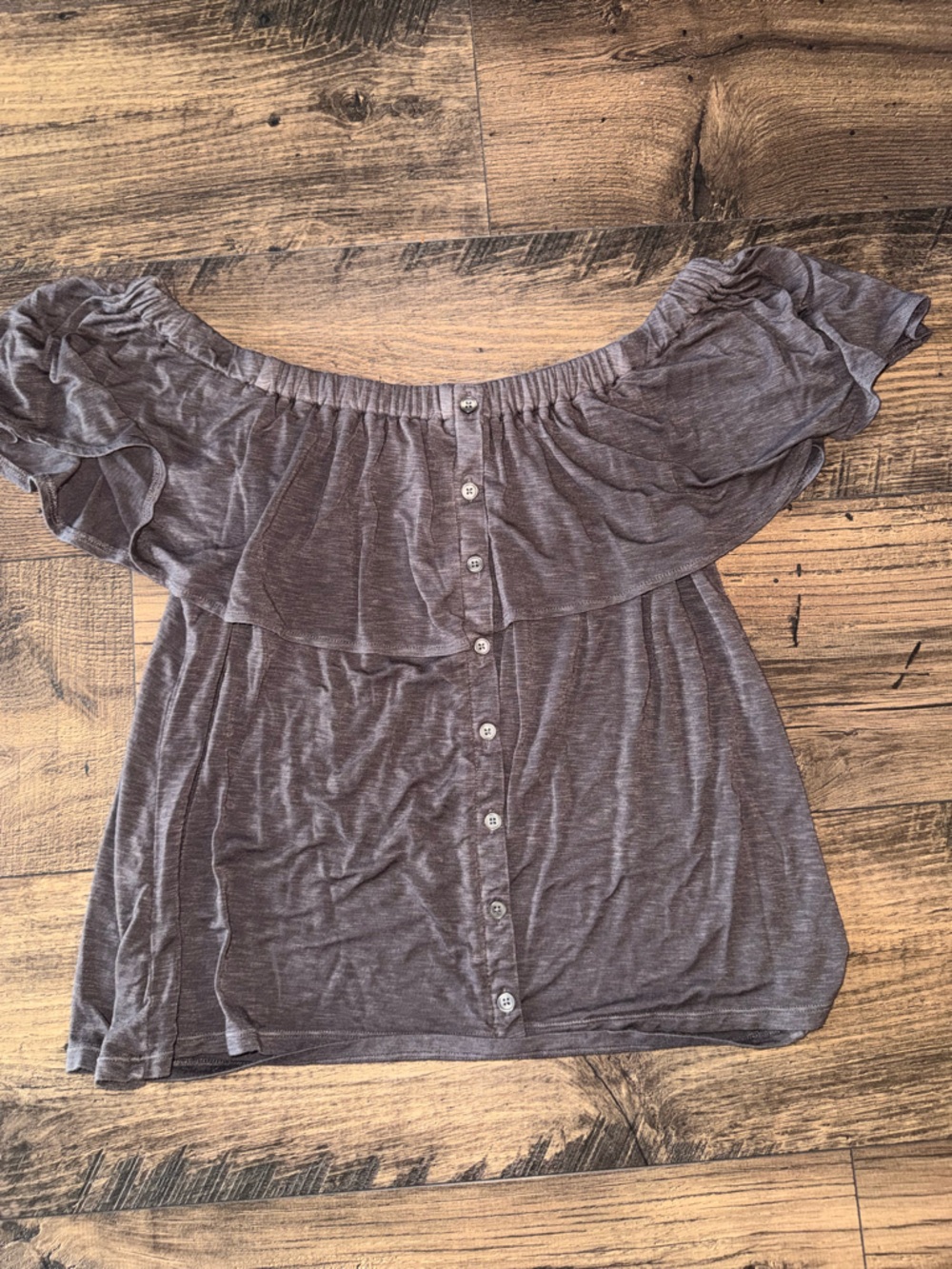 Gray Off-Shoulder Ruffle Button-Front Blouse